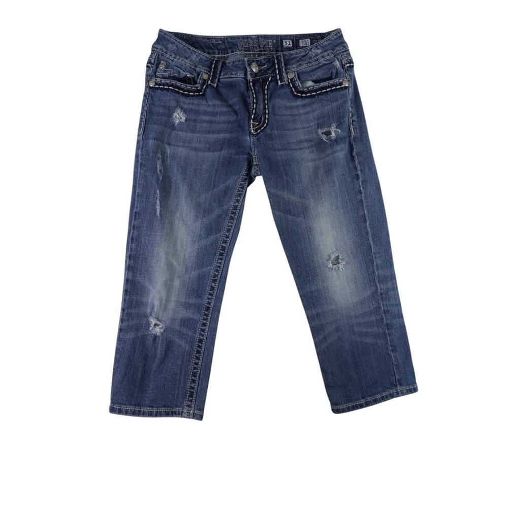 Miss Me, Irene Capri Jeans Women's Size 31 Distressed, Thick Stitch‎ Flap Pocket